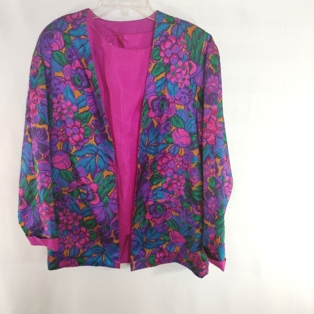 Joan Walters Purple Pink Blue Floral 2 Piece Jacket Set Size Small